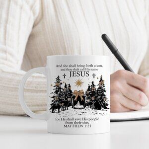 ✨ Jesus Nativity Scene Mug - Matthew 1:21 Scripture - 11oz White Ceramic Coffee